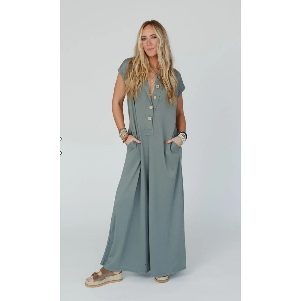 Three Bird Nest Davina Lagenlook Wide Leg Jumpsuit Sage Green Size XL Boho Chic